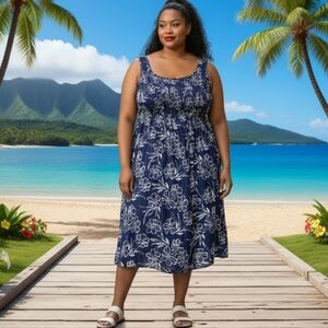 VINTAGE Aloha Hut Plus Size Blue & White Smocked Flowy Midi Dress